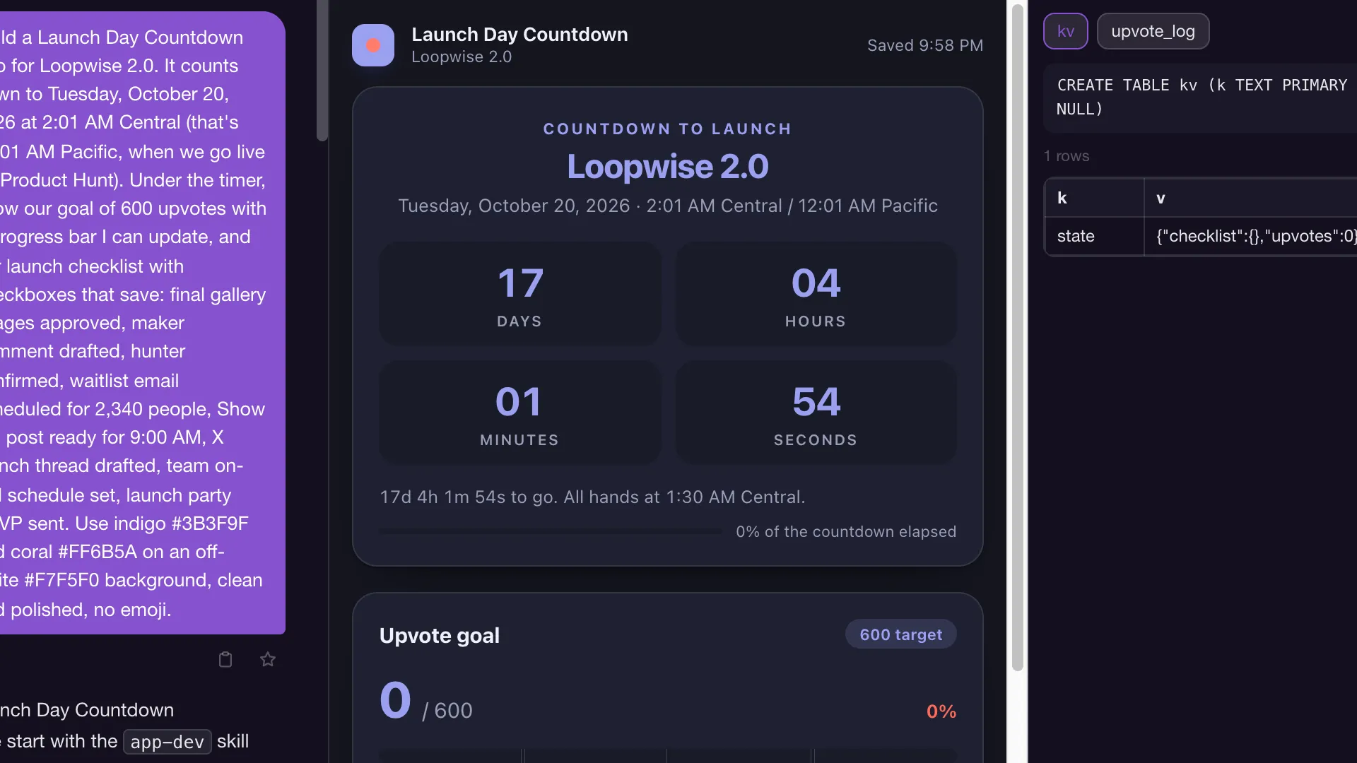App Forge previewing the Launch Day Countdown app it built, 17 days to launch, between the builder chat and the app's data table.