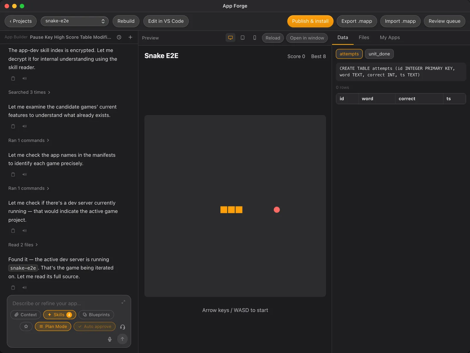 App Forge building an app: the builder chat on the left, the running app in the middle, its database table on the right.