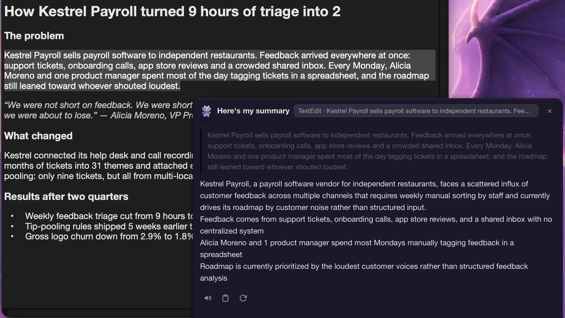 A paragraph selected in TextEdit on the Mac desktop, with the MoteOS summary panel open beside it.