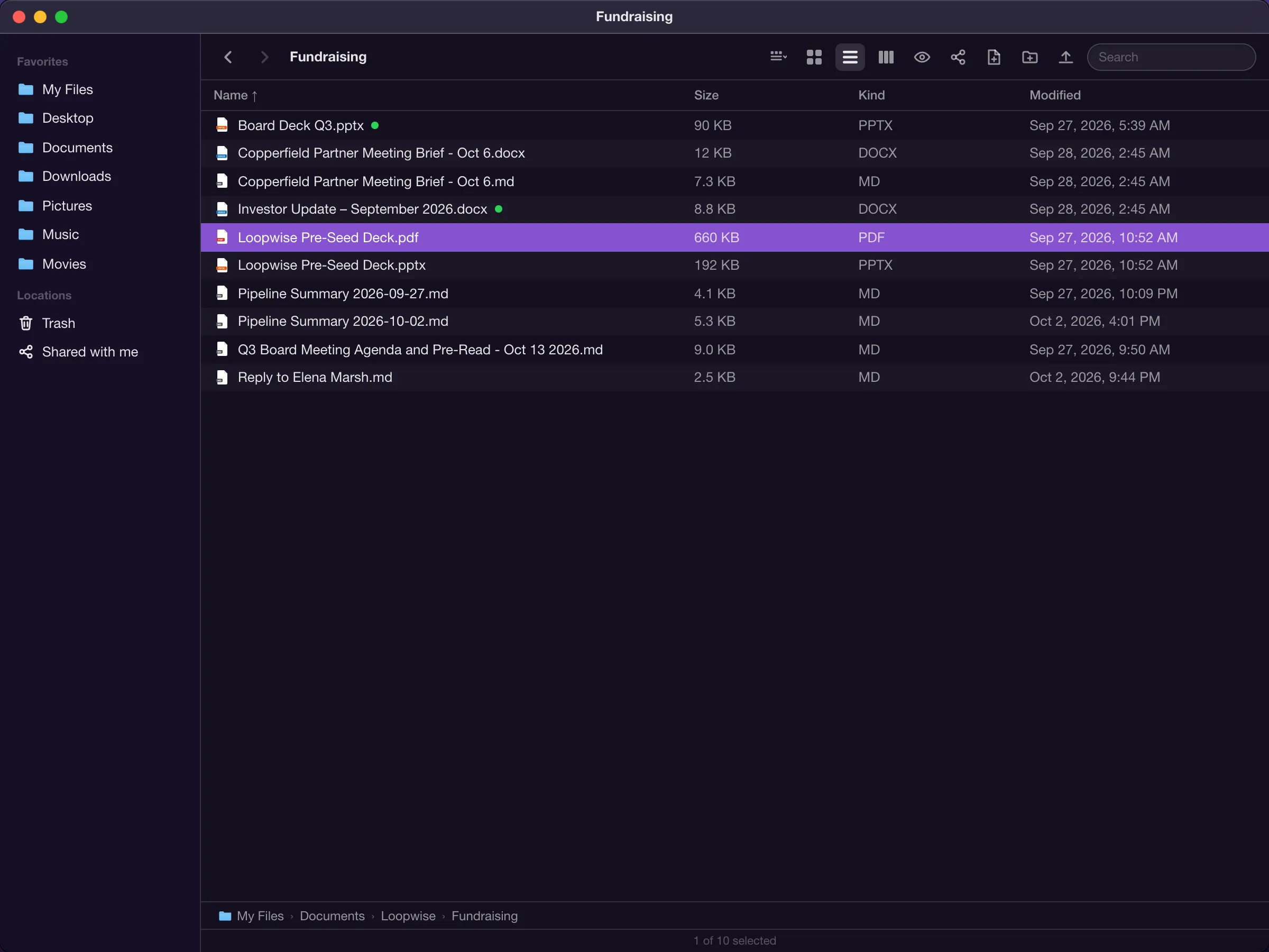 The Files app in list view on a fundraising folder: a board deck, a partner brief, an investor update and pipeline summaries.
