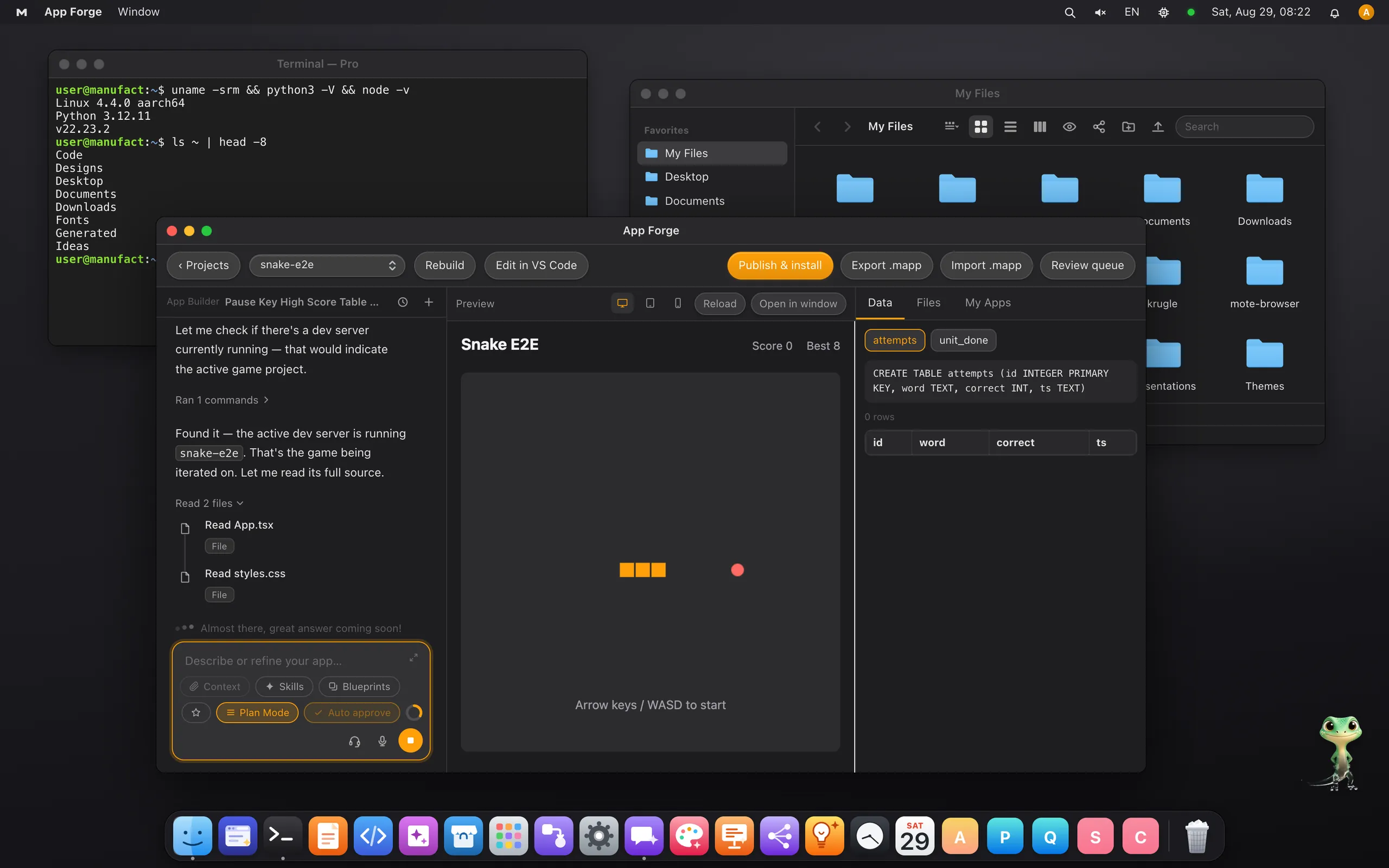 A MoteOS desktop mid-work: a terminal, a file browser, and App Forge with an agent reading the project’s source while the app it built runs beside it.