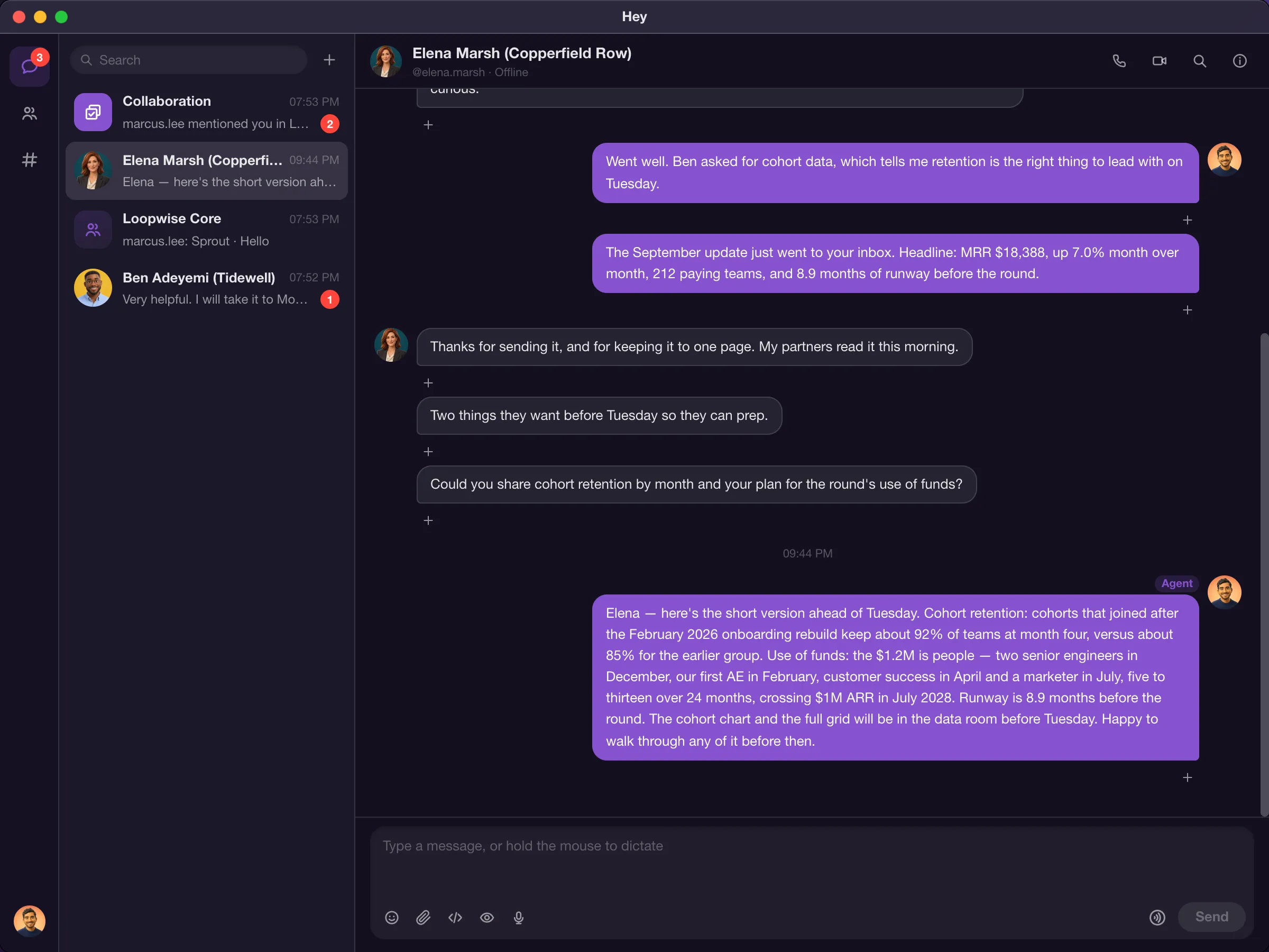 Hey on the Loopwise Core group chat: a shared screenshot and a sticker, then the thread scrolls to a pull request link and a TypeScript snippet with its copy button.
