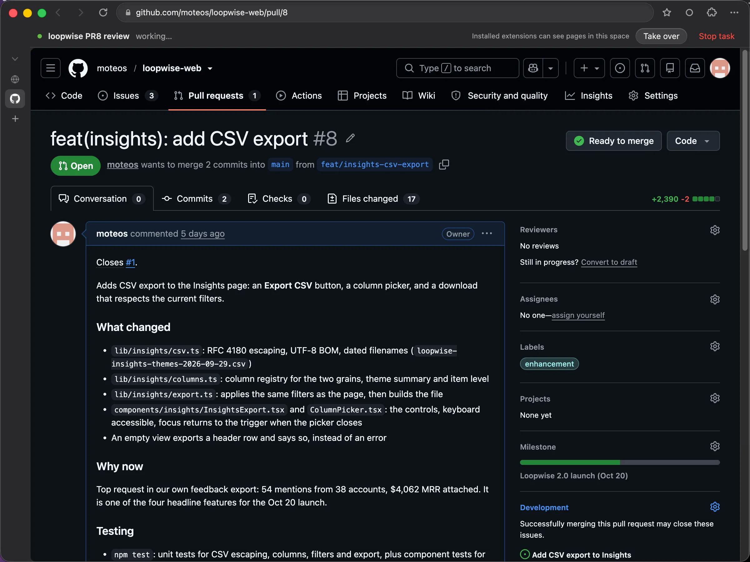 Mote Browser on the Conversation tab of GitHub pull request #8, under the agent task bar with Take over and Stop task controls.