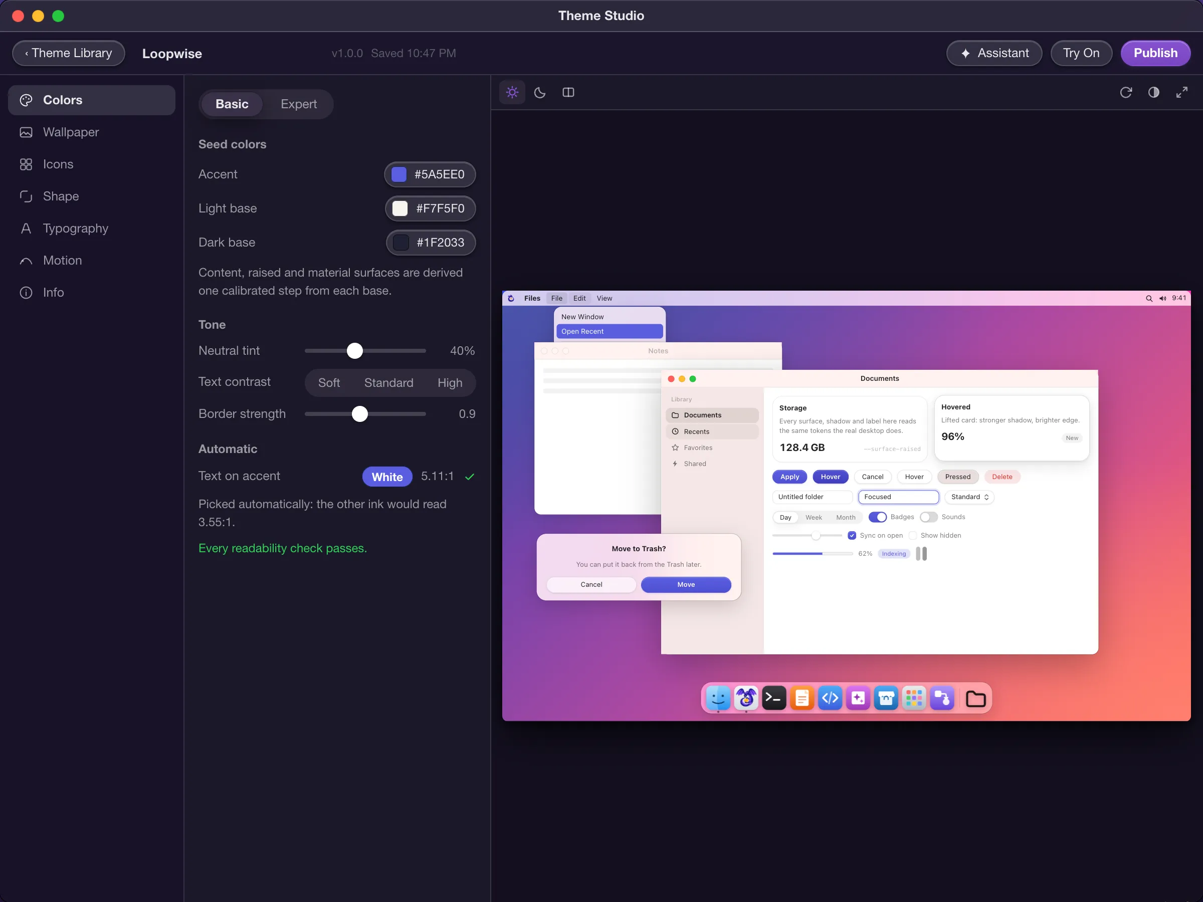 Theme Studio editing the Loopwise Evening theme on its Colors pane, then switching the preview to show the light and dark desktops side by side.